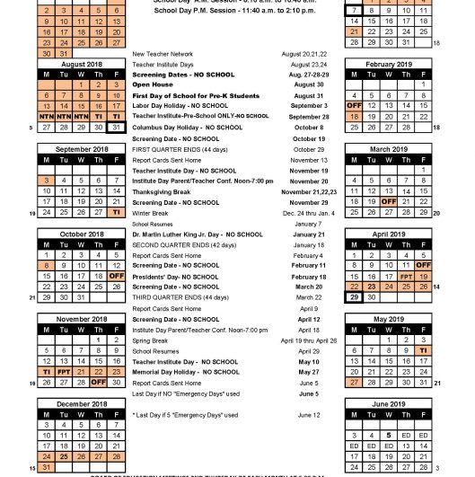 Washington Dual Language Academy - 2018-2019 School Calendar For Pre 